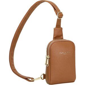 Women's Brown Synthetic Leather Fashion Long Strap Chest Bag With Zipper Pockets